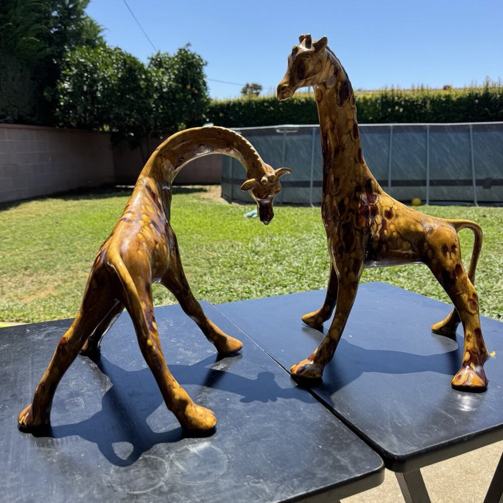 Vintage Large Ceramic Giraffe Pair Art Pottery Brown Drip Glaze MCM 15” And 11”